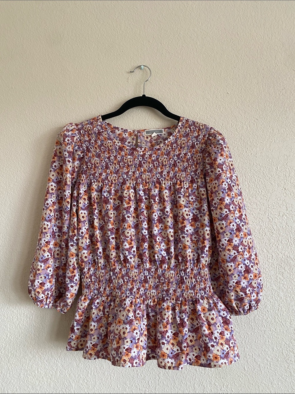 Pleione Lavender Floral Smocked Peplum Blouse
